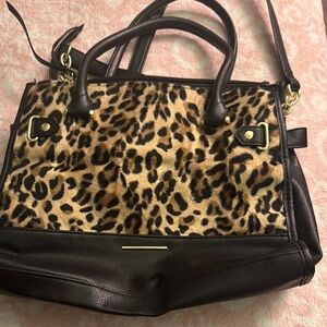 Leopard Print and Black Leather Tote Bag